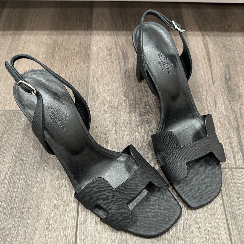 HERMES H ETERNITE 80 SANDALS HIGH HEELS BLACK EPSOM LEATHER SHOES 39.5 - Picture 15 of 16